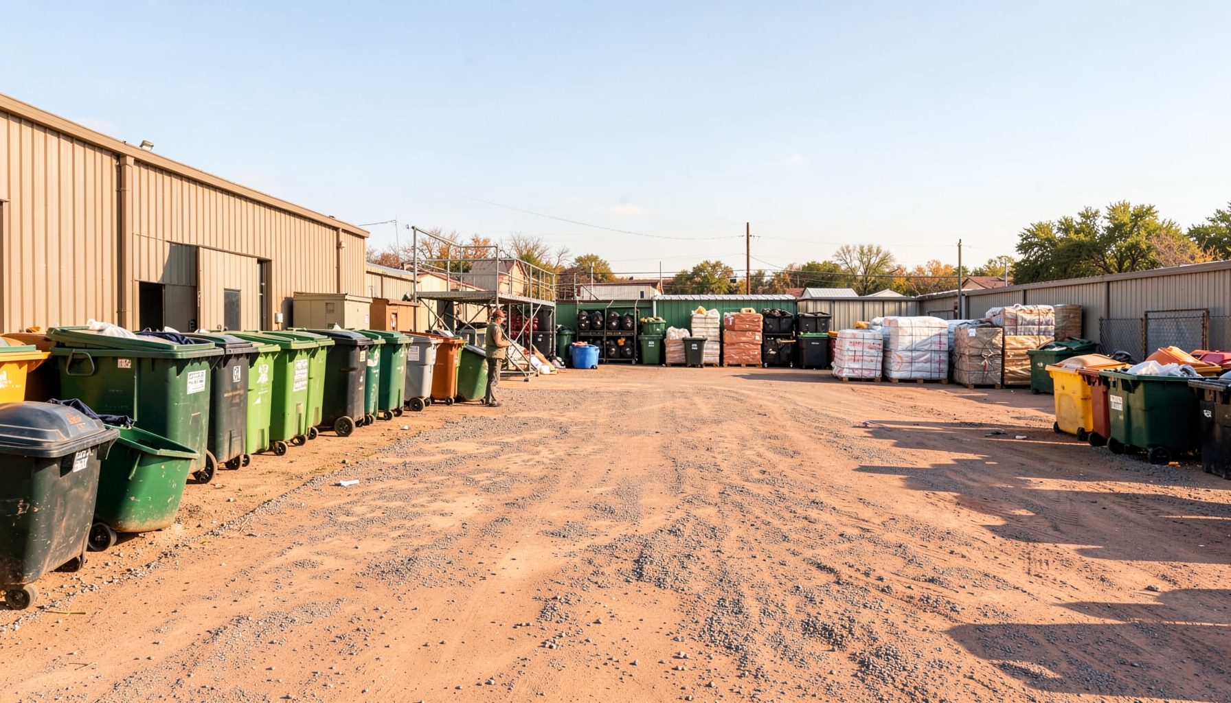 Wide view of a sunlit recycling facility yard with neatly organized bins and bales under a bright Texas sky, warm earth tones and industrial greens