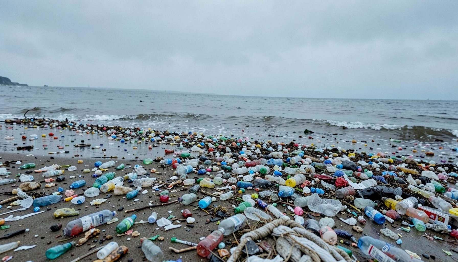 A shoreline scattered with plastic bottles and debris, muted grays and blues under an overcast sky, conveying the global challenge of plastic pollution
