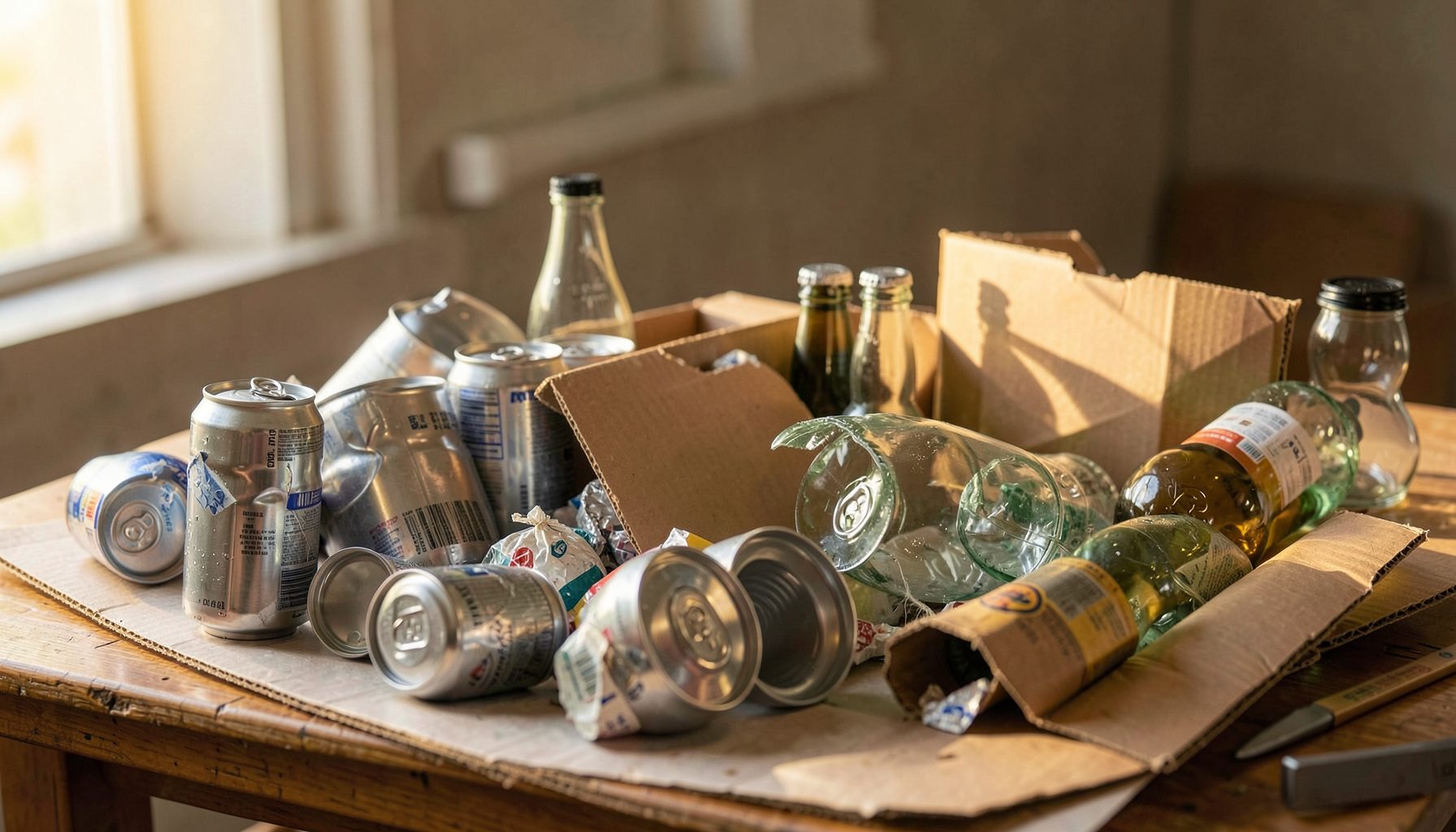 Assorted recyclable materials including aluminum cans, glass bottles, and cardboard arranged on a sorting table in warm natural light